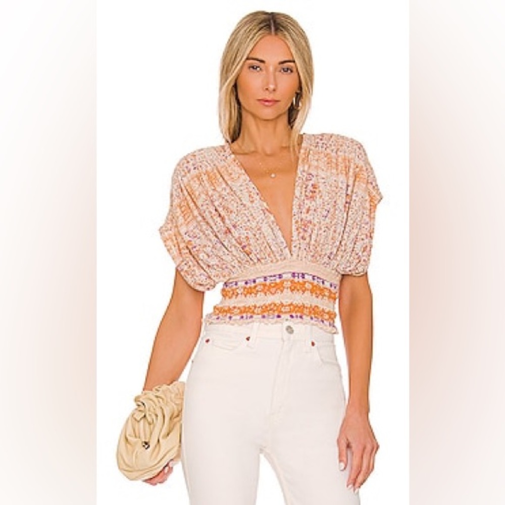 Free People Smocked Elastic V-Neck Blouse In Ivory Combo Size M NWT